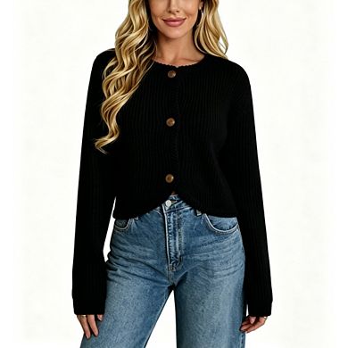 Women's Ribbed Knit Button Cardigan Casual Elegant Long Sleeve Cropped Sweater