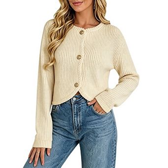 Women's Ribbed Knit Button Cardigan Casual Elegant Long Sleeve Cropped Sweater