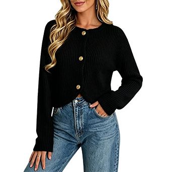 Women's Ribbed Knit Button Cardigan Casual Elegant Long Sleeve Cropped Sweater