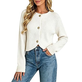 Women's Ribbed Knit Button Cardigan Casual Elegant Long Sleeve Cropped Sweater