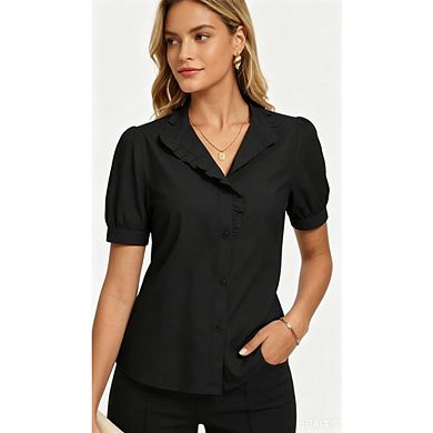 Women's Ruffle Collar Puff Sleeve Blouse V Neck Button Down Casual Shirt