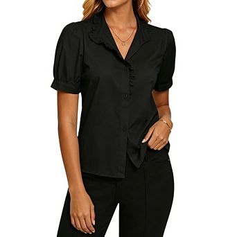 Women's Ruffle Collar Puff Sleeve Blouse V Neck Button Down Casual Shirt