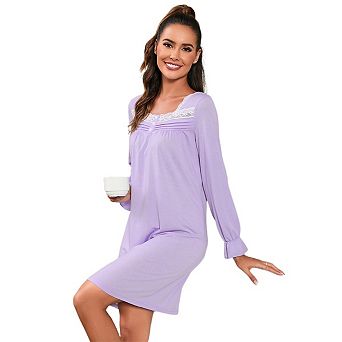 LYTHMER Womens Long Sleeve Lace Trim Nightgown Casual Home Sleep Dress