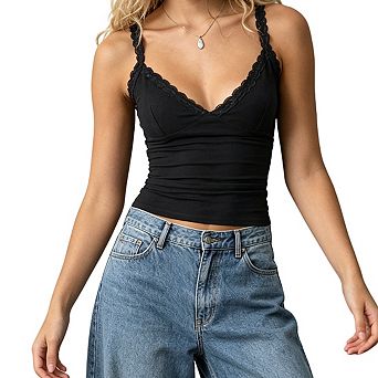 Womens Lace Trim V Neck Camisole Fitting Scalloped Neckline Casual Tops