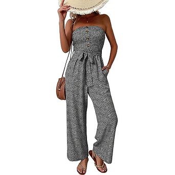 Women's Strapless Tube Top Floral Jumpsuit Tie Belt Waist Wide Leg Casual Summer 1 pc Outfit
