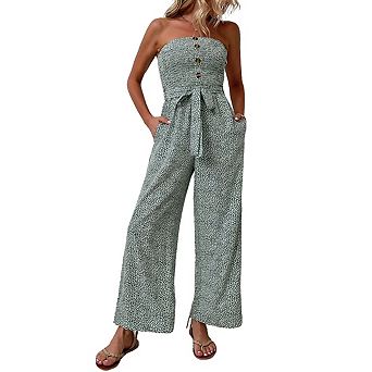 Women's Strapless Tube Top Floral Jumpsuit Tie Belt Waist Wide Leg Casual Summer 1 pc Outfit