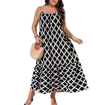 Women's Spaghetti Strap Scoop Back Diamond Geometric Print Tiered Ruffle Loose Casual Midi Dress