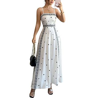Women's Square Neck Spaghetti Strap Geometric Border Dot Print Fit Pelpum A‑Line Midi Summer Dress