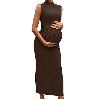 Women's Sleeveless Mock Neck Side Ruched Bodycon Maternity Dress Stretchy Pregnancy Midi Dress