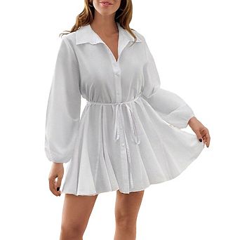 Women's Collared V‑Neck Button Down Puff Long Sleeve Tie Waist Flared A‑Line Mini Shirt Dress