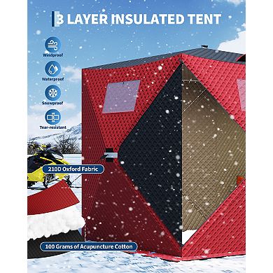 1-8 Person Pop-Up Ice Fishing Tent, 3-Layer Insulated Waterproof Oxford Ice Shelter with Carry Bag