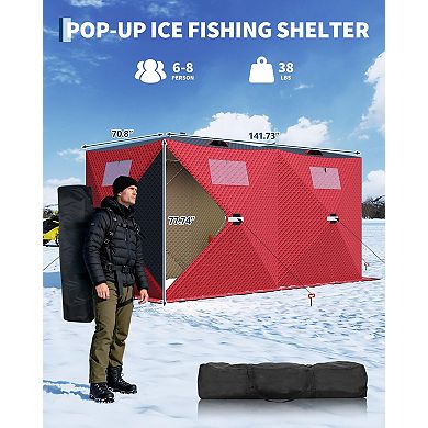 1-8 Person Pop-Up Ice Fishing Tent, 3-Layer Insulated Waterproof Oxford Ice Shelter with Carry Bag