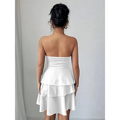 Women's Fashionable Backless Tube top Solid Color Cake Style Skirt