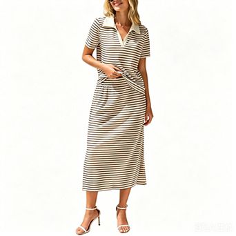 Women's Striped Polo Neck Short Sleeve Top Midi Split Skirt With Pockets Summer Casual 2 pc Set