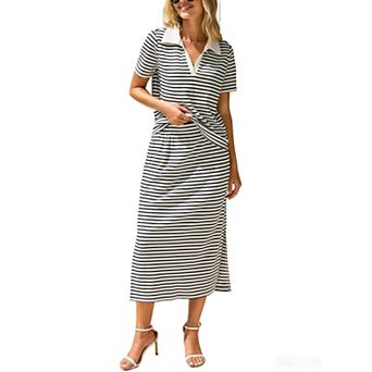 Women's Striped Polo Neck Short Sleeve Top Midi Split Skirt With Pockets Summer Casual 2 pc Set