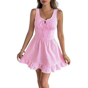 Women's Cute Corset Lace Spaghetti Strap Flowy A-line Gingham Short Dresses
