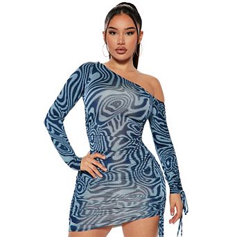 Women's Off The Shoulder Bodycon Tie Dye Long Sleeve Ruched Asymmetrical Mini Dress