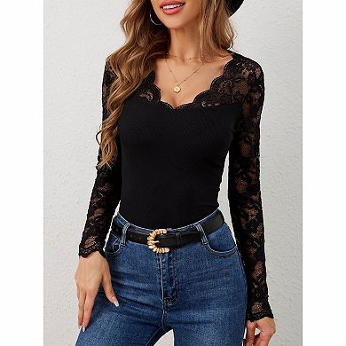 Women's Lace Sleeve Ribbed Knit V‑Neck Fitted Top