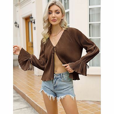 Women's Tie‑Front Pleated Bell Sleeve Casual Blouse