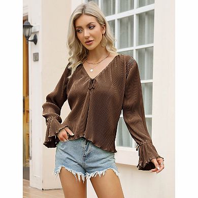 Women's Tie‑Front Pleated Bell Sleeve Casual Blouse