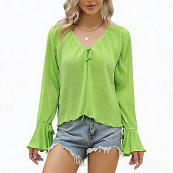 Women's Tie‑Front Pleated Bell Sleeve Casual Blouse