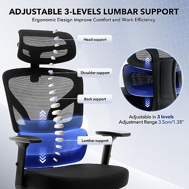 Ergonomic Office Chair, Adjustable Headrest Lumbar Support 3D Armrest Gaming Chair for Study Bedroom