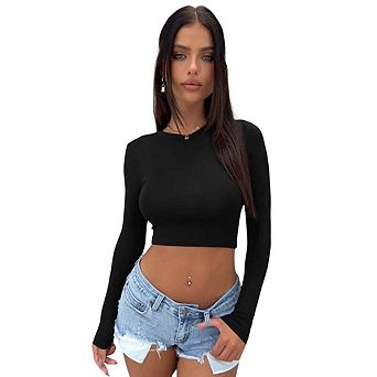 Women's Long Sleeve Y2K Crew Neck Cute Slim fit Crop Tops