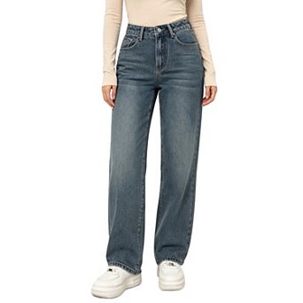 Women's High Waist Straight Leg Jeans Loose Fit Denim Trousers with Pockets