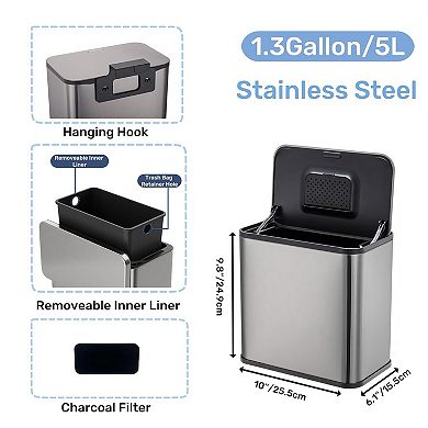 1.3 Gal Hanging Compost Bin, Stainless Steel Odor Control Trash Can with Charcoal Filter for Kitchen