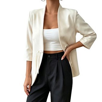Womens Open Front Blazer with Buttons Three Quarter Sleeve Lightweight Jacket