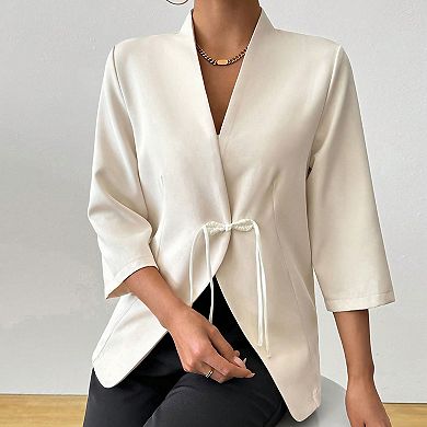 Womens Open Front Blazer with Buttons Three Quarter Sleeve Lightweight Jacket