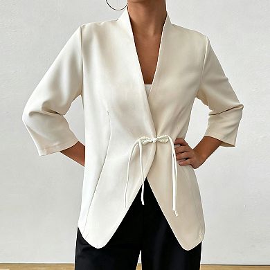 Womens Open Front Blazer with Buttons Three Quarter Sleeve Lightweight Jacket