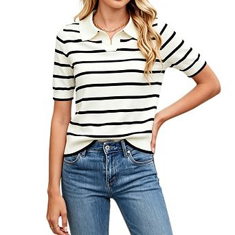 Women's Striped Polo Knit Top Short Sleeve Collared Casual Dressy Sweater