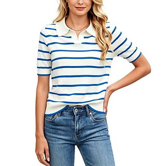 Women's Striped Polo Knit Top Short Sleeve Collared Casual Dressy Sweater