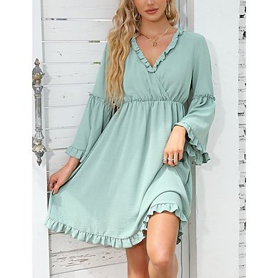 Womens Long Sleeve Spring Summer Casual V Neck Flowy Chiffon Layers Dresses