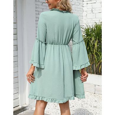 Womens Long Sleeve Spring Summer Casual V Neck Flowy Chiffon Layers Dresses