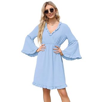 Womens Long Sleeve Spring Summer Casual V Neck Flowy Chiffon Layers Dresses