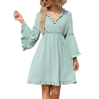 Womens Long Sleeve Spring Summer Casual V Neck Flowy Chiffon Layers Dresses