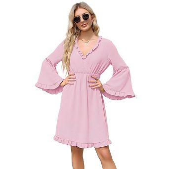 Womens Long Sleeve Spring Summer Casual V Neck Flowy Chiffon Layers Dresses