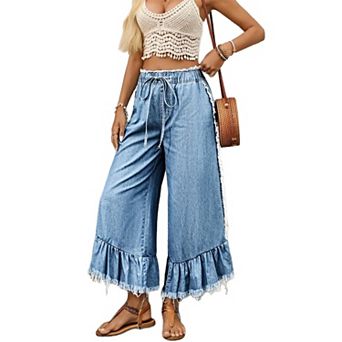 Women's High Waist Ruffled Wide Leg Jeans, Drawstring Waist Frayed Cropped Denim Pants