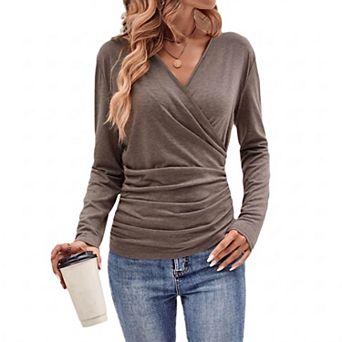 Women's Wrap V‑Neck Ruched Long Sleeve Knit Top