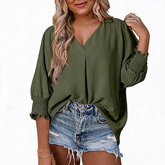 Women's V‑Neck Crinkled 3/4 Sleeve Casual Blouse