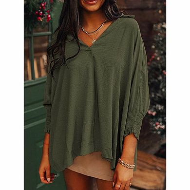Women's V‑Neck Crinkled 3/4 Sleeve Casual Blouse