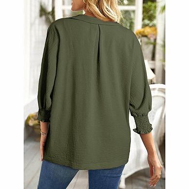 Women's V‑Neck Crinkled 3/4 Sleeve Casual Blouse