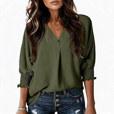 Women's V‑Neck Crinkled 3/4 Sleeve Casual Blouse