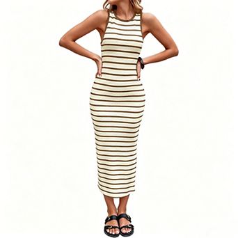 Women's Striped Knit Midi Dress, Sleeveless Crew Neck Form-Fitting Casual Summer Bodycon Dress