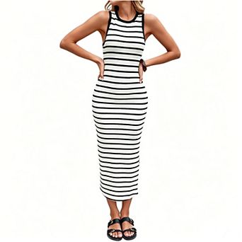 Women's Striped Knit Midi Dress, Sleeveless Crew Neck Form-Fitting Casual Summer Bodycon Dress