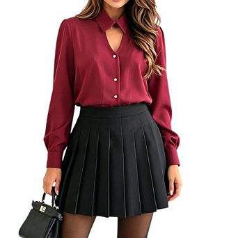 Women's Long Sleeve Button Down Blouse Elegant Collared Keyhole Neck Work Office Shirt