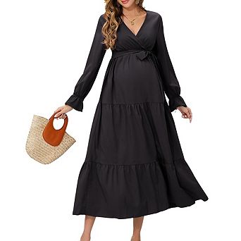 Women's Summer v-Neck Maternity Maxi Dress with Belt for Baby Shower & Photography