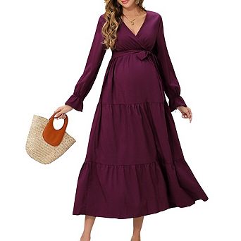 Women's Summer v-Neck Maternity Maxi Dress with Belt for Baby Shower & Photography